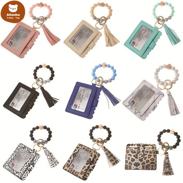 

fashion pu leather bracelet wallet keychain party favor tassels bangle key ring holder card bag silicone beaded wristlet keychains handbag w