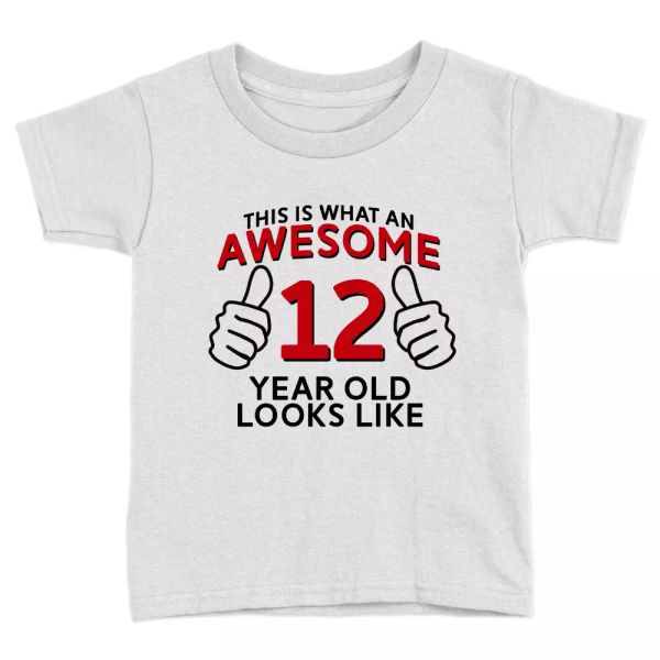 awesome 12 year old kids t-shirt 12th birthday celebration gift cool top, White;black
awesome 12 year old kids t-shirt 12th birthday celebration gift cool top, White;black