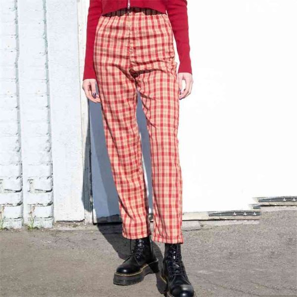 women casual pants retro long pants straight pant streetwear high waist women pant chic tartan red trousers pocket 210415, Black;white 
women casual pants retro long pants straight pant streetwear high waist women pant chic tartan red trousers pocket 210415, Black;white