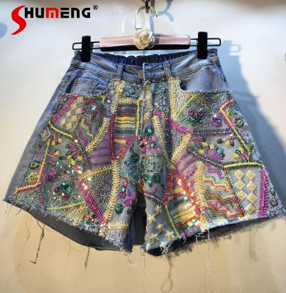 women's shorts pantalones cortos de mujer 2021 summer patchwork beaded mesh sequins high waist wide-leg denim women, White;black
women's shorts pantalones cortos de mujer 2021 summer patchwork beaded mesh sequins high waist wide-leg denim women, White;black