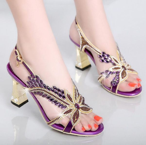 nice rhinestones genuine leather shoes summer sandals women fashion thick large size woman 8cm, Black