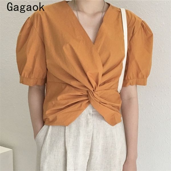 women streetwear navel shirt summer v-neck solid puff sleeve short slim chic wild fashion and blouses 210531, White
women streetwear navel shirt summer v-neck solid puff sleeve short slim chic wild fashion and blouses 210531, White