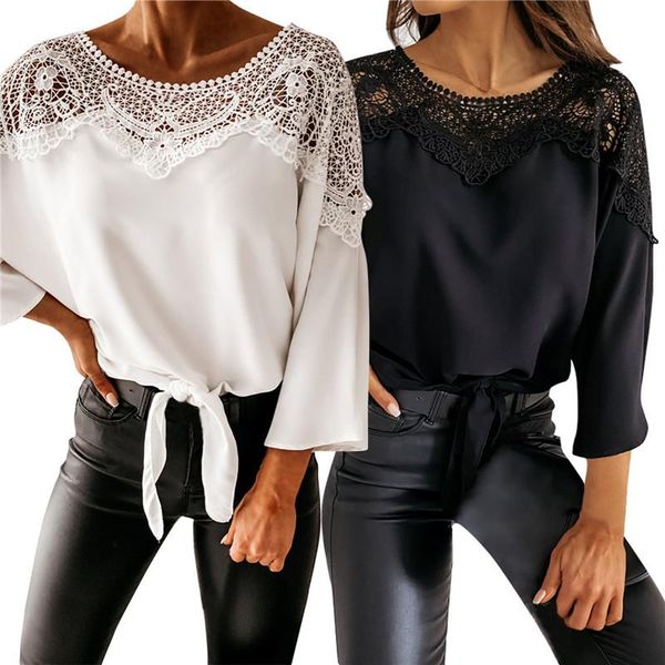 women's t-shirt woman's lace splicing hollowed-out fashion solid color round three quarter sleeve lace-up loose casual top, White
women's t-shirt woman's lace splicing hollowed-out fashion solid color round three quarter sleeve lace-up loose casual top, White