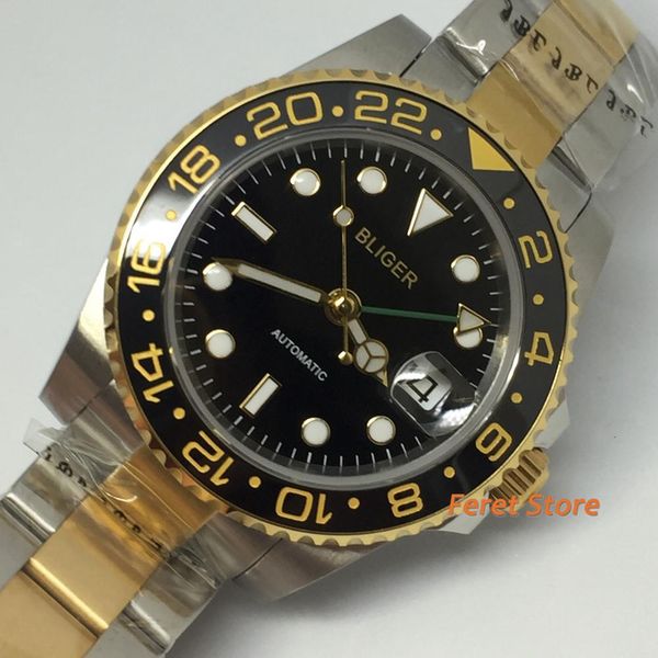 40mm bliger golden plated steel case black iron plate gmt function ceramic bezel sapphire glass automatic movement men's wrist watch, Slivery;brown
40mm bliger golden plated steel case black iron plate gmt function ceramic bezel sapphire glass automatic movement men's wrist watch, Slivery;brown
