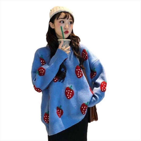 women oversized pullovers o neck womens sweater strawberry pattern printed pull jumpers long sleeve street knit, White;black
women oversized pullovers o neck womens sweater strawberry pattern printed pull jumpers long sleeve street knit, White;black