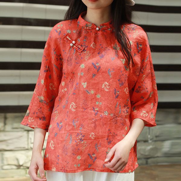 johnature summer fashion retro plate buckle stand floral print shirt leisure all-match three quarter sleeve women 210521, White 
johnature summer fashion retro plate buckle stand floral print shirt leisure all-match three quarter sleeve women 210521, White