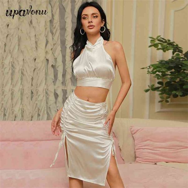 women's satin skirt set stand collar sleeveless halter & drawstring draped party two-piece 210524, White
women's satin skirt set stand collar sleeveless halter & drawstring draped party two-piece 210524, White