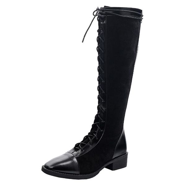 boots women's autumn winter 2021 high cylinder knight thin thick heel lace up knee, Black