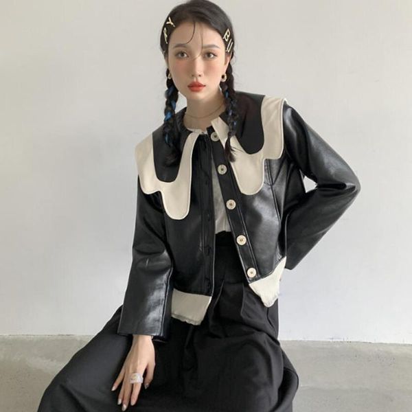 women's leather & faux fashion patchwork colorblock pu jackets for women turn-down collar long sleeve single breasted coats female s158, Black
women's leather & faux fashion patchwork colorblock pu jackets for women turn-down collar long sleeve single breasted coats female s158, Black