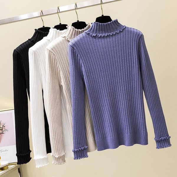 women's sweaters pullover sweater women 2021 ruffle frill trim slim knitted winter clothes high neck solid casual ladies knit, White;black
women's sweaters pullover sweater women 2021 ruffle frill trim slim knitted winter clothes high neck solid casual ladies knit, White;black