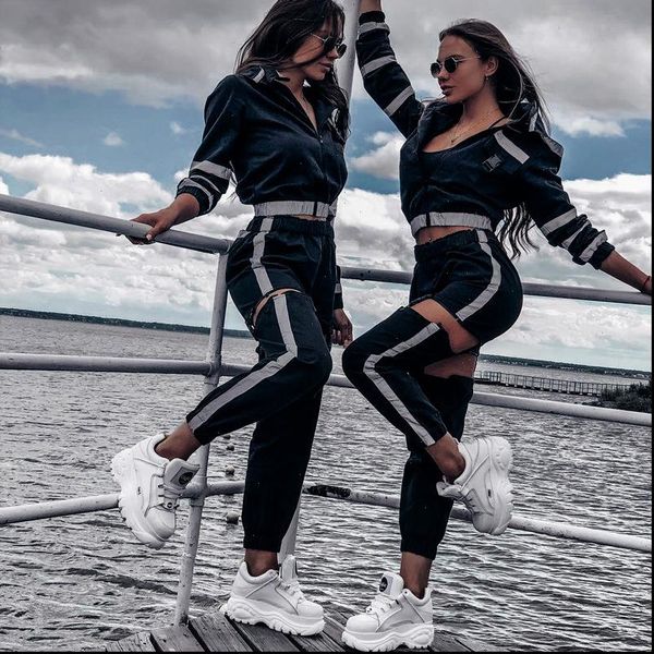women reflective pants jacket long sleeve strip bomber punk chic night vision hooded coat zipper outwear, Black;white
women reflective pants jacket long sleeve strip bomber punk chic night vision hooded coat zipper outwear, Black;white