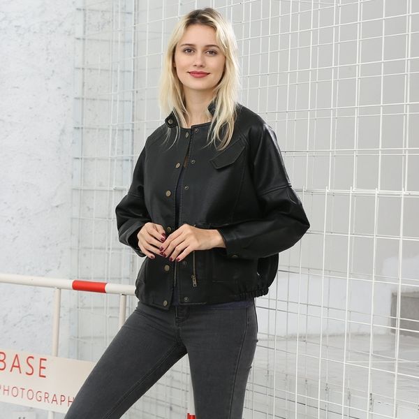 spring 2019 quality punk street trendsetter stand collar women's leather clothes broken size, Black
spring 2019 quality punk street trendsetter stand collar women's leather clothes broken size, Black