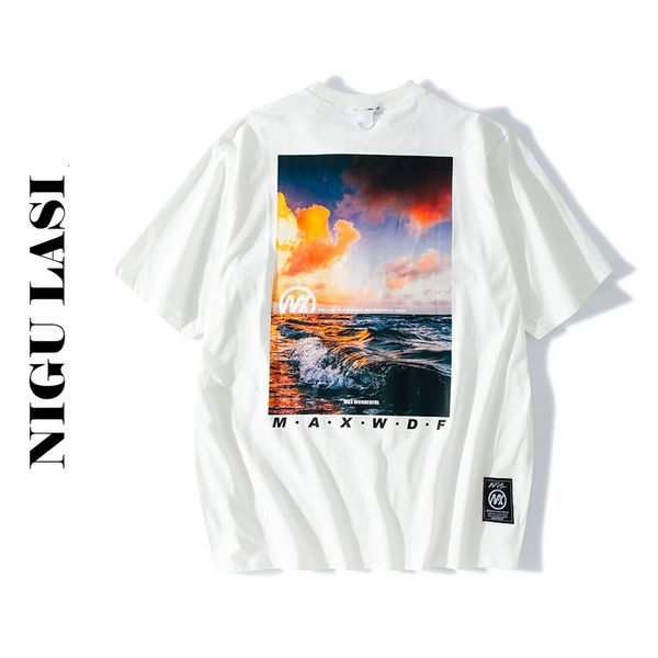 t shirt hip hop sunset color print short sleeve men's summer fashion brand street loose pair half tee, White 
t shirt hip hop sunset color print short sleeve men's summer fashion brand street loose pair half tee, White