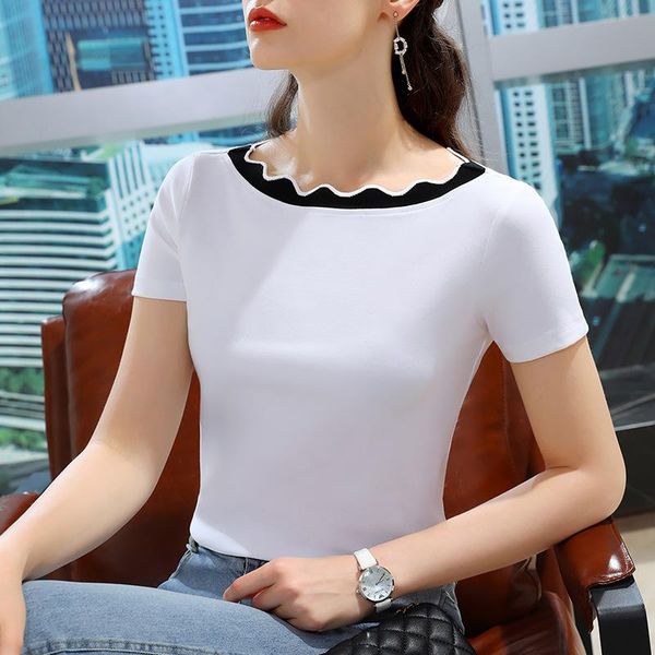 women's t-shirt short sleeve 2021 summer color contrast splicing cotton one shoulder top, White
women's t-shirt short sleeve 2021 summer color contrast splicing cotton one shoulder top, White