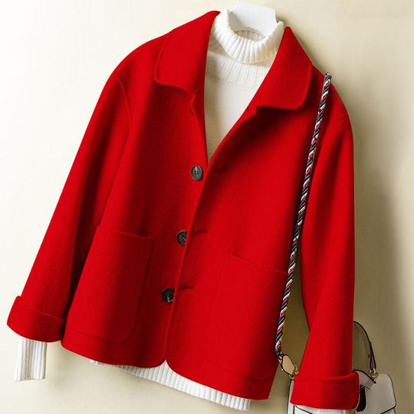 women's wool & blends autumn and winter pure color loose woolen coat fashionable style cloak waist red versatile lapel pocket chic jack, Black
women's wool & blends autumn and winter pure color loose woolen coat fashionable style cloak waist red versatile lapel pocket chic jack, Black