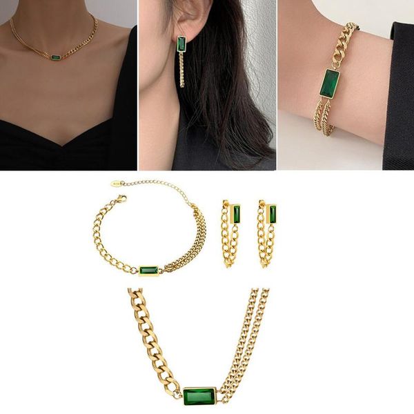 earrings & necklace jewelry set golden long chain geometric rectangle green crystal rhinestone zircon bracelet for women, Silver
earrings & necklace jewelry set golden long chain geometric rectangle green crystal rhinestone zircon bracelet for women, Silver