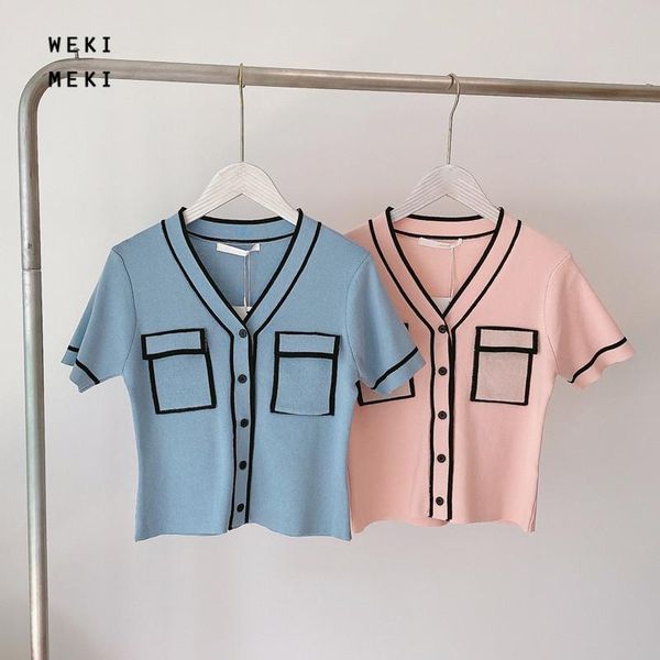 women's knits & tees weki meki summer women knit cardigan pink color matching short-sleeved pocket design wild knitted sweater, White
women's knits & tees weki meki summer women knit cardigan pink color matching short-sleeved pocket design wild knitted sweater, White
