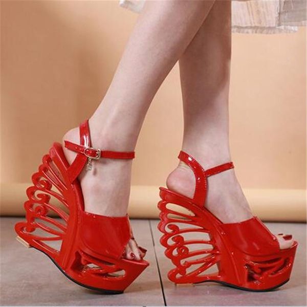 summer fashion women's hollow out platform sandals 15cm super high heel wedges ankle buckle peep toe party shoes, Black
summer fashion women's hollow out platform sandals 15cm super high heel wedges ankle buckle peep toe party shoes, Black