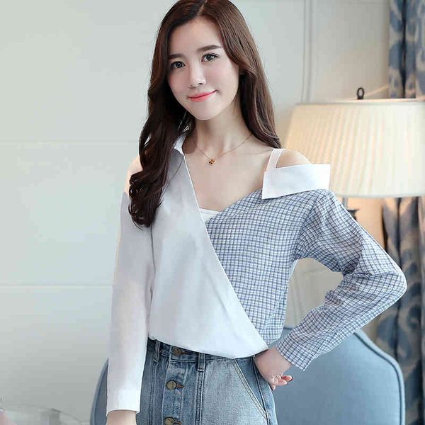 blusas mujer de moda white spliced plaid chiffon shirt long-sleeved blouses skew collar casual women 986f 210420
blusas mujer de moda white spliced plaid chiffon shirt long-sleeved blouses skew collar casual women 986f 210420