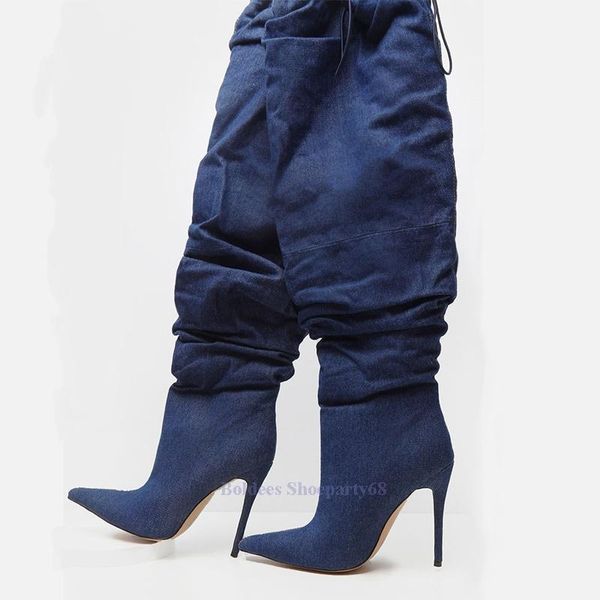boots 10cm high heeled pointed toe over the knee fashion lace up dark blue denim jeans woman thigh long botas, Black
boots 10cm high heeled pointed toe over the knee fashion lace up dark blue denim jeans woman thigh long botas, Black