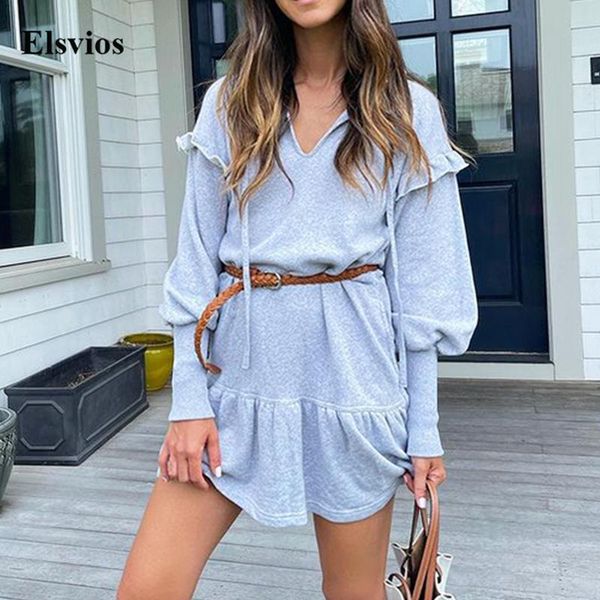 casual dresses elegant solid female party fashion ruffle v neck mini dress women long sleeve autumn winter loose vestidos, Black;gray 
casual dresses elegant solid female party fashion ruffle v neck mini dress women long sleeve autumn winter loose vestidos, Black;gray