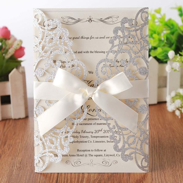 50pcs laser cut lace flora glitter wedding invitation cards with ribbon and envelopes for bridal baby shower engagement printed birthday par, Black
50pcs laser cut lace flora glitter wedding invitation cards with ribbon and envelopes for bridal baby shower engagement printed birthday par, Black