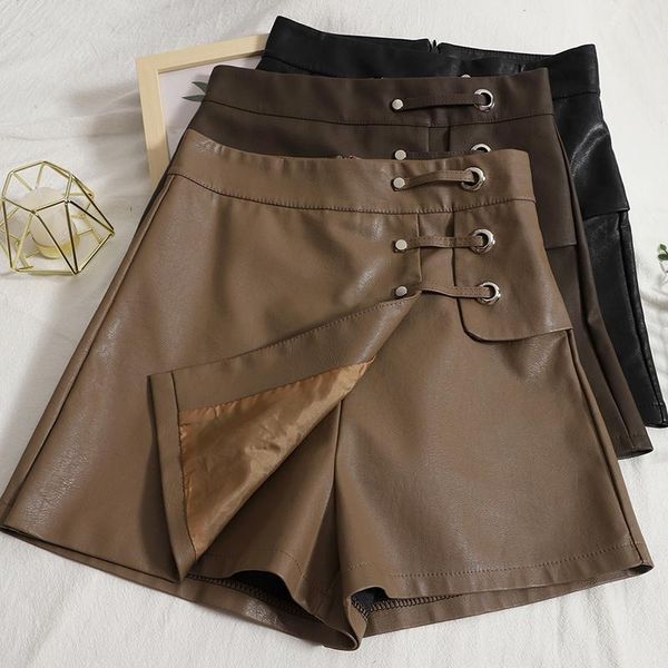 women's shorts temperament pu leather female autumn all-match irregular skirt pants pure color wide leg high waist straight, White;black 
women's shorts temperament pu leather female autumn all-match irregular skirt pants pure color wide leg high waist straight, White;black