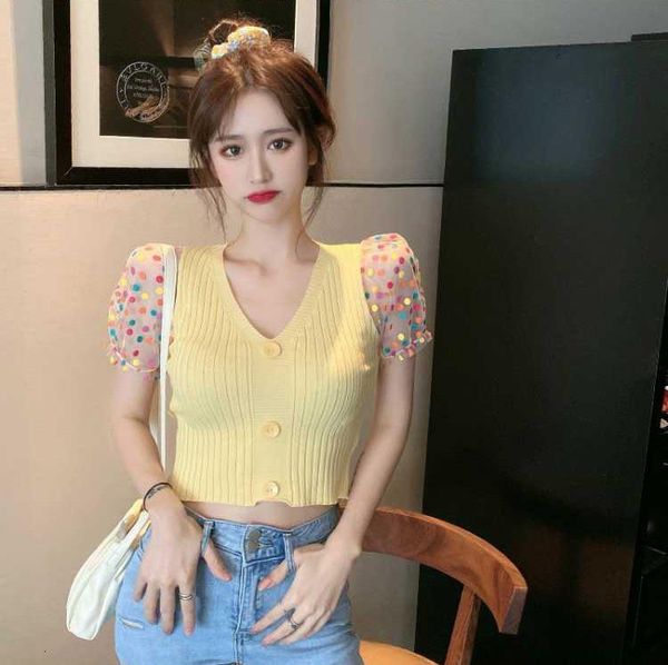 women's t-shirt summer women short sleeve v-neck decorated buttons colorful mesh knit crop u4d0, White
women's t-shirt summer women short sleeve v-neck decorated buttons colorful mesh knit crop u4d0, White