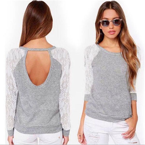 fashion t-shirts long sleeve lace splicing round neck women's sweater hollow out, White
fashion t-shirts long sleeve lace splicing round neck women's sweater hollow out, White