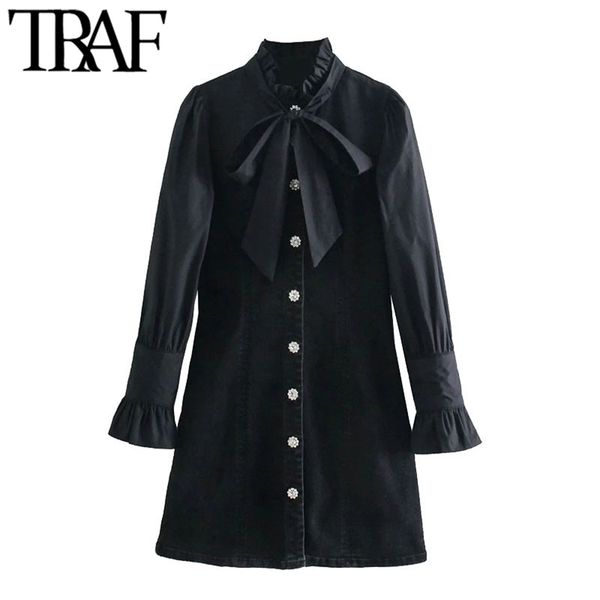 women chic fashion patchwork denim fitted mini dress vintage bow tied collar long sleeve female dresses vestidos 210507, Black;gray
women chic fashion patchwork denim fitted mini dress vintage bow tied collar long sleeve female dresses vestidos 210507, Black;gray