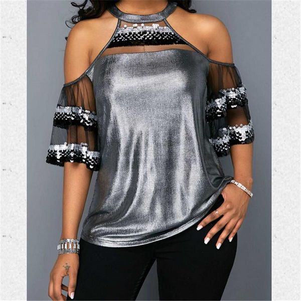 fashion summer womens shirts short sleeve loose casual ladies blouses sliver bling women's &, White
fashion summer womens shirts short sleeve loose casual ladies blouses sliver bling women's &, White