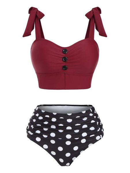 women's swimwear vintage polka dot ruched tie shoulder bowknot tankini wire padded straps high waisted summer bikinis set, White;black
women's swimwear vintage polka dot ruched tie shoulder bowknot tankini wire padded straps high waisted summer bikinis set, White;black