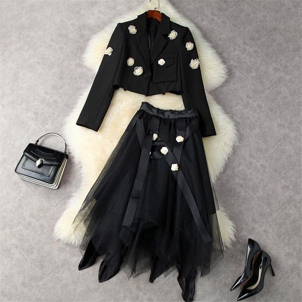 two piece dress autumn winter women office set brand floral appliques short blazer suits asymmetric black mesh skirt outfits, White
two piece dress autumn winter women office set brand floral appliques short blazer suits asymmetric black mesh skirt outfits, White