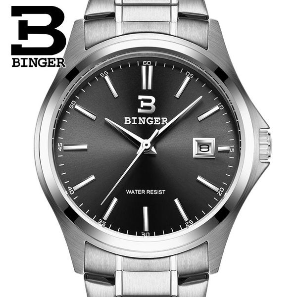 wristwatches switzerland luxury men's watch binger brand quartz full stainless steel clock waterproof complete calendar b3052a-5, Slivery;brown