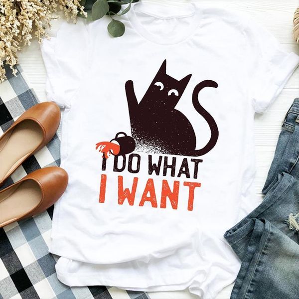 cat coffee 90s style womens t shirt short sleeve fall halloween print tee female clothes graphic, White 
cat coffee 90s style womens t shirt short sleeve fall halloween print tee female clothes graphic, White