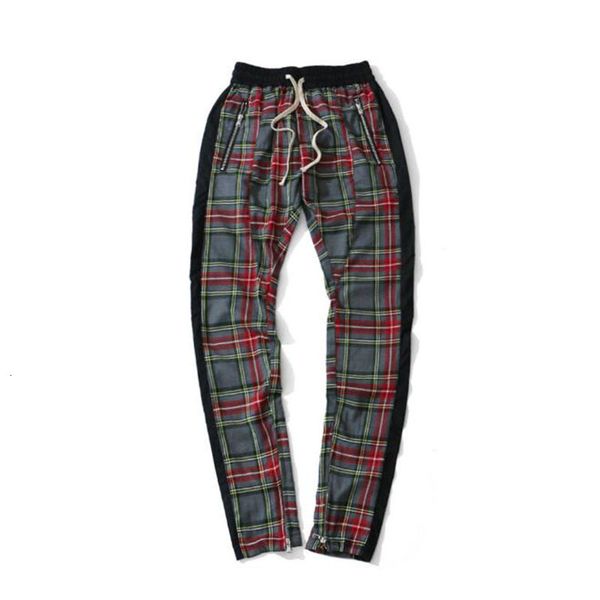 side stripe patchwork elastic waist plaid men high street leg opening zipper men's pants full length, Black
side stripe patchwork elastic waist plaid men high street leg opening zipper men's pants full length, Black