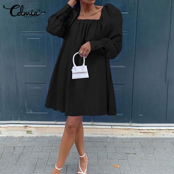 casual dresses 2021 dress for women celmia elegant office long puff sleeve square collar mini fashion party vestidos, Black;gray 
casual dresses 2021 dress for women celmia elegant office long puff sleeve square collar mini fashion party vestidos, Black;gray