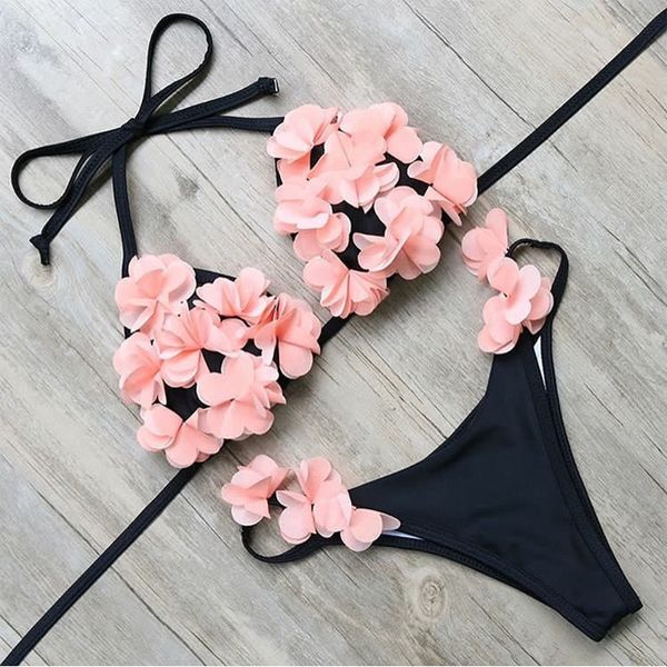 bikini split swimsuit stitching with flower, White;black
bikini split swimsuit stitching with flower, White;black