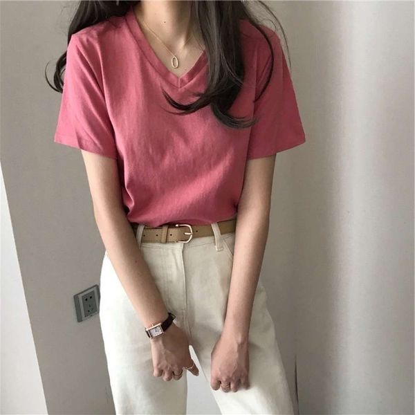 women's t-shirt cotton short sleeve summer dress korean ins fashion student's solid color versatile loose v-neck clothes lr3h, White
women's t-shirt cotton short sleeve summer dress korean ins fashion student's solid color versatile loose v-neck clothes lr3h, White