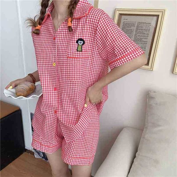 women loose homewear cotton plaid korean summer chic short sleeves femme sweet casual stylish pajamas sets 210525, Black;red
women loose homewear cotton plaid korean summer chic short sleeves femme sweet casual stylish pajamas sets 210525, Black;red