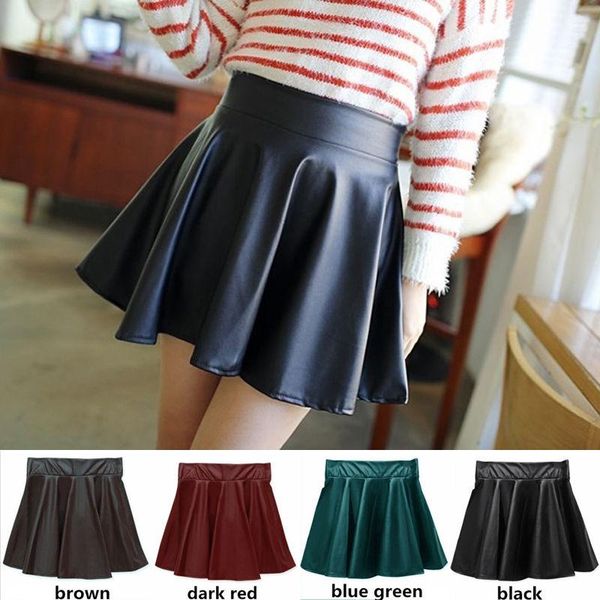 skirts pu leather women stretch high waist flared pleated mini skirt solid faux short, Black 
skirts pu leather women stretch high waist flared pleated mini skirt solid faux short, Black