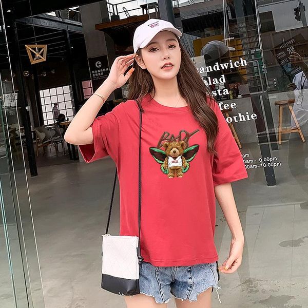 women's t-shirt 2021 cotton bear pattern women fashion brand tee loose korean daily casual top, White
women's t-shirt 2021 cotton bear pattern women fashion brand tee loose korean daily casual top, White