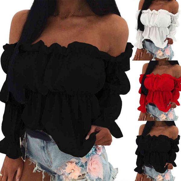 women's blouses & shirts solid color long bubble sleeve off shoulder ruffled edges short leisure blouse top, White
women's blouses & shirts solid color long bubble sleeve off shoulder ruffled edges short leisure blouse top, White