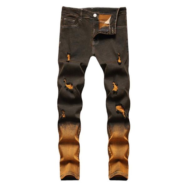 men's jeans tie-dyed holes ripped streetwear stretch denim pants gradient color middle waist slim straight trousers, Blue
men's jeans tie-dyed holes ripped streetwear stretch denim pants gradient color middle waist slim straight trousers, Blue
