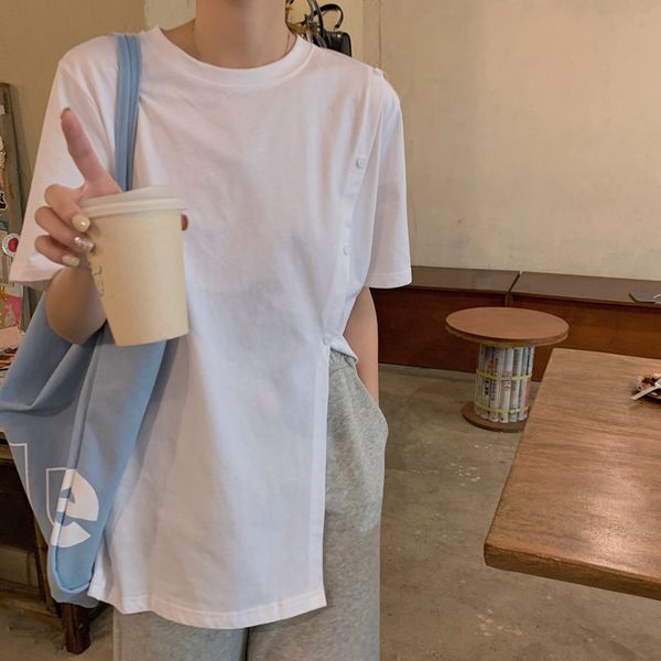 2soild colors summer korean style button side split short sleeve t-shirt casual womens loose tees shirt femme (y4148) 210423, White
2soild colors summer korean style button side split short sleeve t-shirt casual womens loose tees shirt femme (y4148) 210423, White