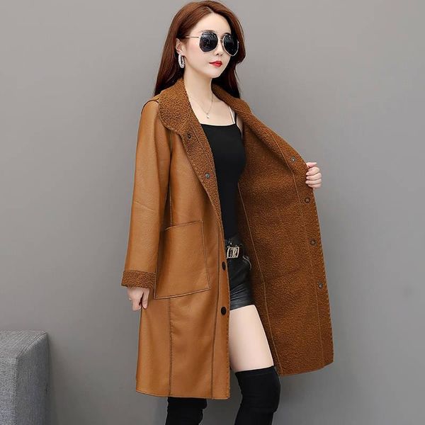 women's leather & faux winter jacket women long style plus velvet coat casual thick outwear turn-down collar streetwear wf229, Black
women's leather & faux winter jacket women long style plus velvet coat casual thick outwear turn-down collar streetwear wf229, Black