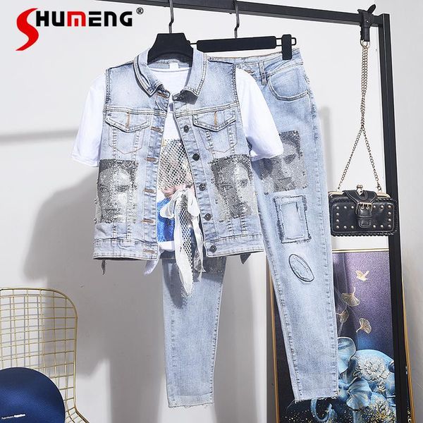 women's two piece pants european denim set 2021 spring mesh beading sleeveless single breasted short vest elastic ankle-length two-piec, White
women's two piece pants european denim set 2021 spring mesh beading sleeveless single breasted short vest elastic ankle-length two-piec, White