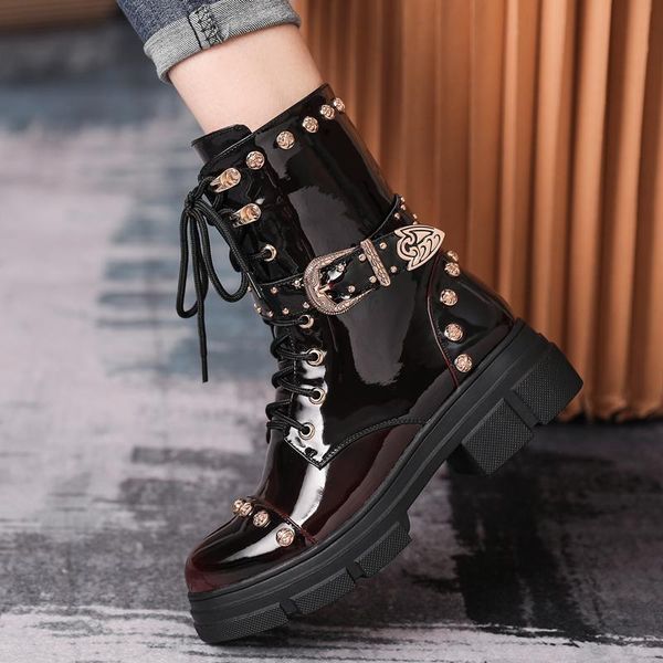 boots metal decoration ankle rivets patent leather shoes lace up buckles punk platform short brand, Black
boots metal decoration ankle rivets patent leather shoes lace up buckles punk platform short brand, Black