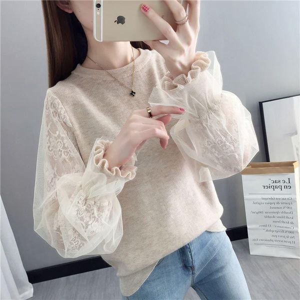women's sweaters spring 2021 net knitted sweater loose lantern sleeve lace bottomed shirt for women, White;black
women's sweaters spring 2021 net knitted sweater loose lantern sleeve lace bottomed shirt for women, White;black