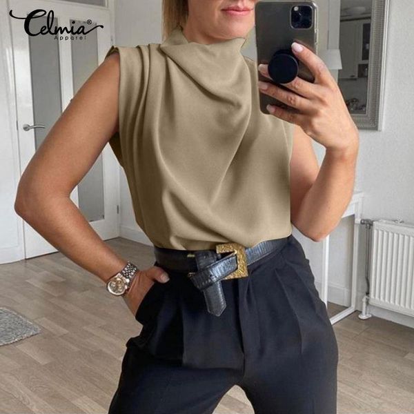 women's blouses & shirts celmia casual sleeveless womens 2021 vintage high collar summer solid pleated blouse loose tunic blusas, White
women's blouses & shirts celmia casual sleeveless womens 2021 vintage high collar summer solid pleated blouse loose tunic blusas, White